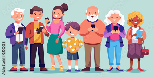Aged people. Seniors together, with grandchildren and children, an elderly man and woman use phones and communicate. Grandparents in full growth
