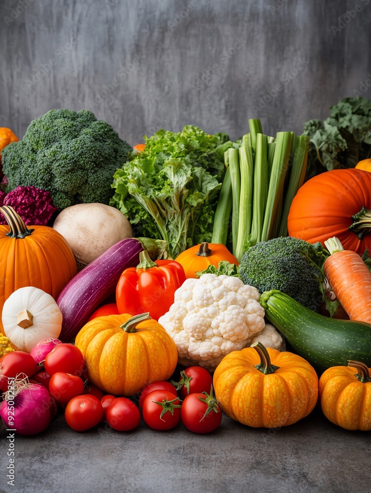 Fresh assortment of vibrant vegetables arranged on a stone backdrop, showcasing colors and textures for healthy living. Fresh assortment of vibrant vegetables arranged on a stone backdrop, showcasing colors and textures for healthy living.