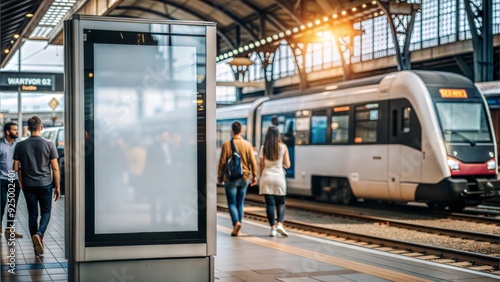 Mock up. Vertical advertising billboard, lightbox with empty digital screen on railway station. Blank white poster advertising, public information board stands at station in front of people and train