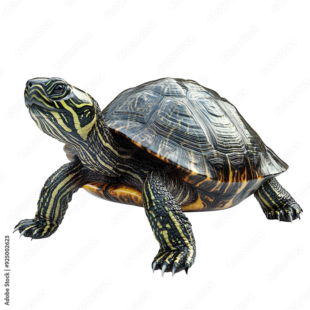 Obraz premium Detailed Photograph of Striped Green and Brown Turtle on Plain White Background Transparent PNG