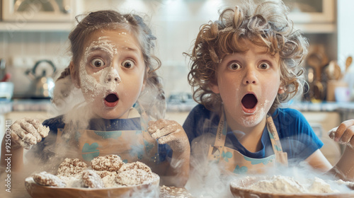 Two kids with surprised expressions in a kitchen, faces covered in flour, baking gone hilariously wrong. photo