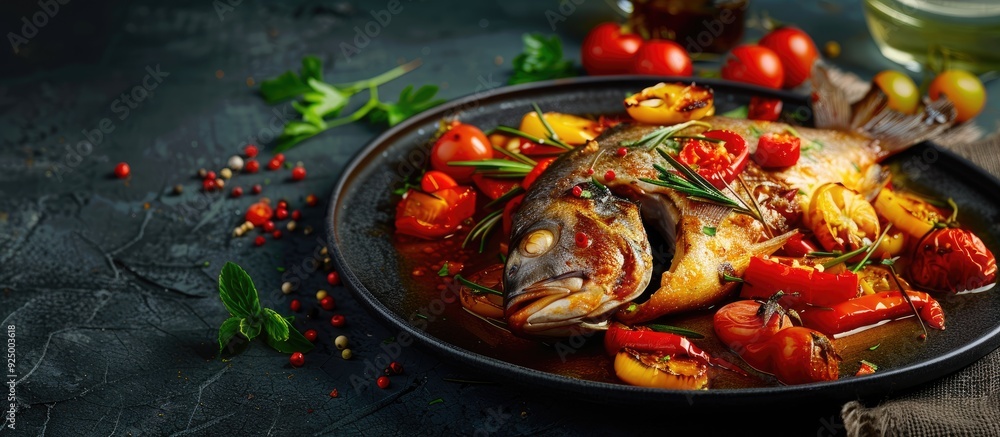 Delicious baked porgy with peppers and brandy ideal for a gourmet meal shown in a copy space image Delicious baked porgy with peppers and brandy ideal for a gourmet meal shown in a copy space image