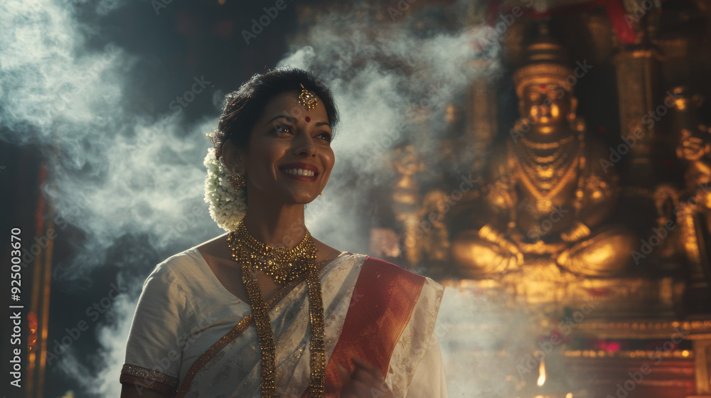 Fototapeta premium An Indian woman in traditional attire, smiling with devotion during a temple prayer, with the temple deity in the background and surrounded by sacred smoke.