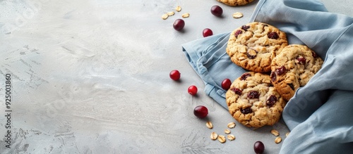 Concept of a healthy breakfast or snack with oatmeal cookies containing raisins and cranberries displayed on a light gray background accompanied by a blue napkin Ideal for marketing as a copy space im