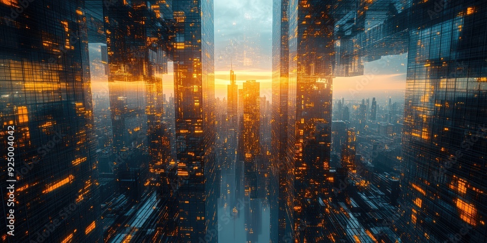 Naklejka premium Futuristic Cityscape with Reflected Sunset and Illuminated Windows