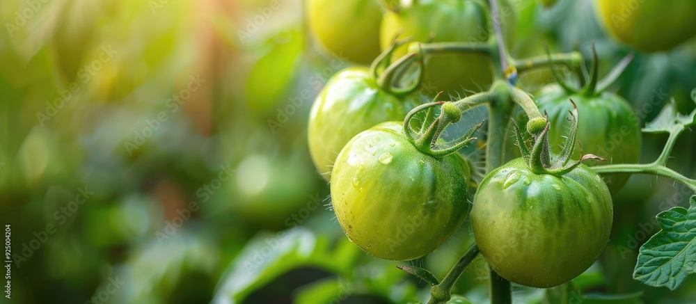 Ripe green tomatoes on vine in greenhouse symbolize vegetable growth healthy organic vegetarian food choice with copy space image Ripe green tomatoes on vine in greenhouse symbolize vegetable growth healthy organic vegetarian food choice with copy space image