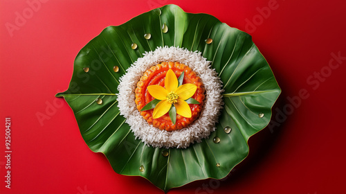  A decorative arrangement of flowers and rice on a green leaf placed against a red background, symbolizing a traditional offering. photo