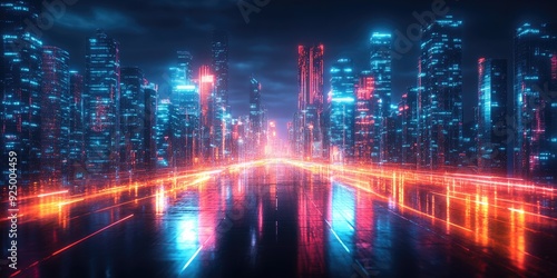 Wallpaper Mural Neon-Lit Cityscape with Reflections on Wet Pavement at Night Torontodigital.ca