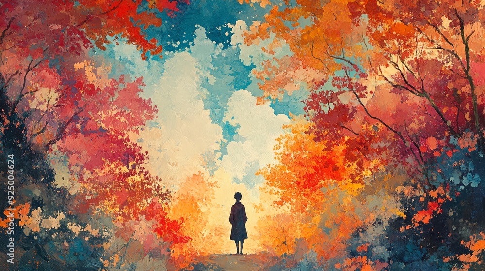 Fototapeta premium Fantasy Anime Watercolor Postcard: Enchanted Forest Path Trail, Vibrant Illustration with Colorful Fantasy Elements