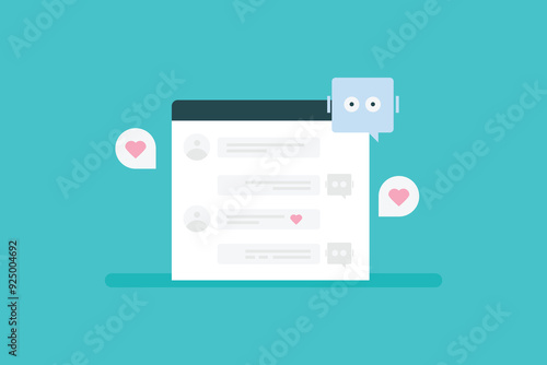 Chat Bot having conversation with customer, AI chat bot handling business query, Chat bot offering customer support. Vector illustration background.