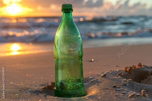 Green plastic bottle on beach.