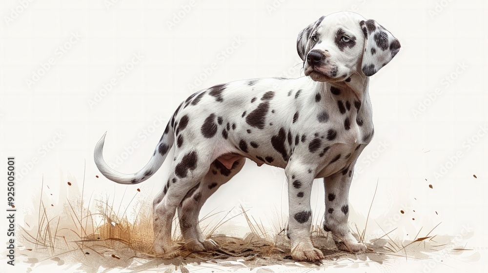 A charming illustration of a small, spotted Dalmatian puppy with a playful expression, standing with its tail wagging, isolated on a white background. A charming illustration of a small, spotted Dalmatian puppy with a playful expression, standing with its tail wagging, isolated on a white background.
