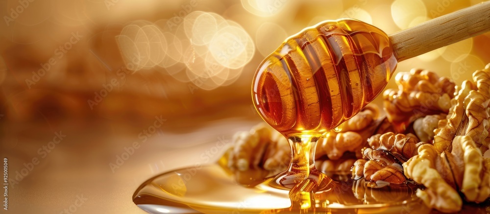 An appetizing image featuring honey drizzled over nuts with empty space for text or graphics. Copy space image. Place for adding text and design An appetizing image featuring honey drizzled over nuts with empty space for text or graphics. Copy space image. Place for adding text and design
