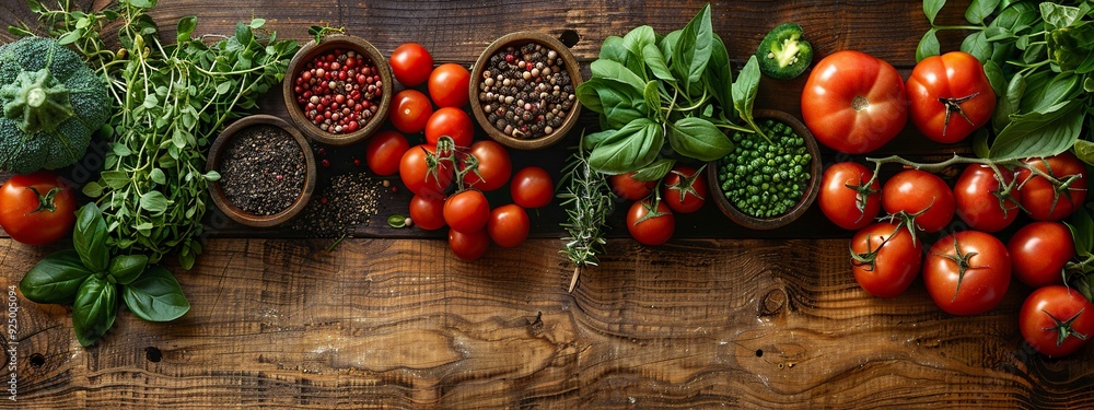 Vegetables and fruits on lower right side, flat lay on a wooden table, minimalist ,generative ai Vegetables and fruits on lower right side, flat lay on a wooden table, minimalist ,generative ai