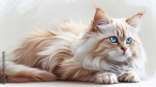 A cute illustration of a fluffy Persian cat with a regal pose and bright blue eyes, sitting calmly, isolated on a clean white background.  photo