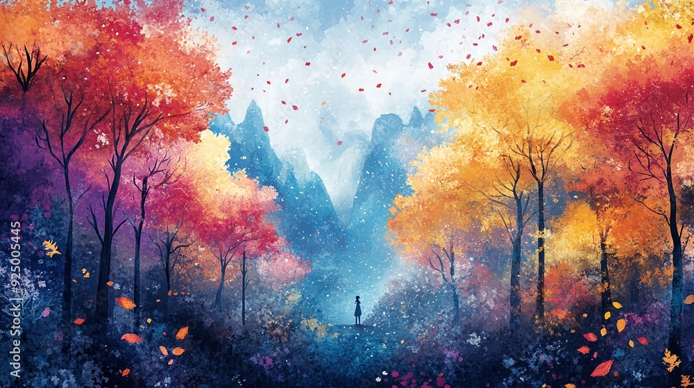 Obraz premium Fantasy Anime Watercolor Postcard: Enchanted Forest Path Trail, Vibrant Illustration with Colorful Fantasy Elements