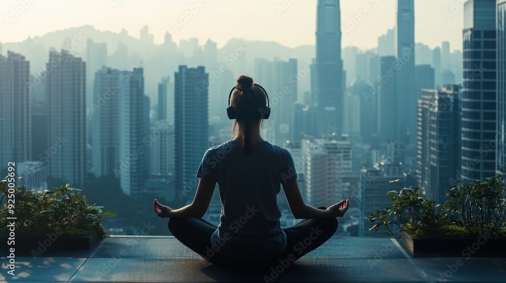 Woman Meditating in a City Skyline Woman Meditating in a City Skyline