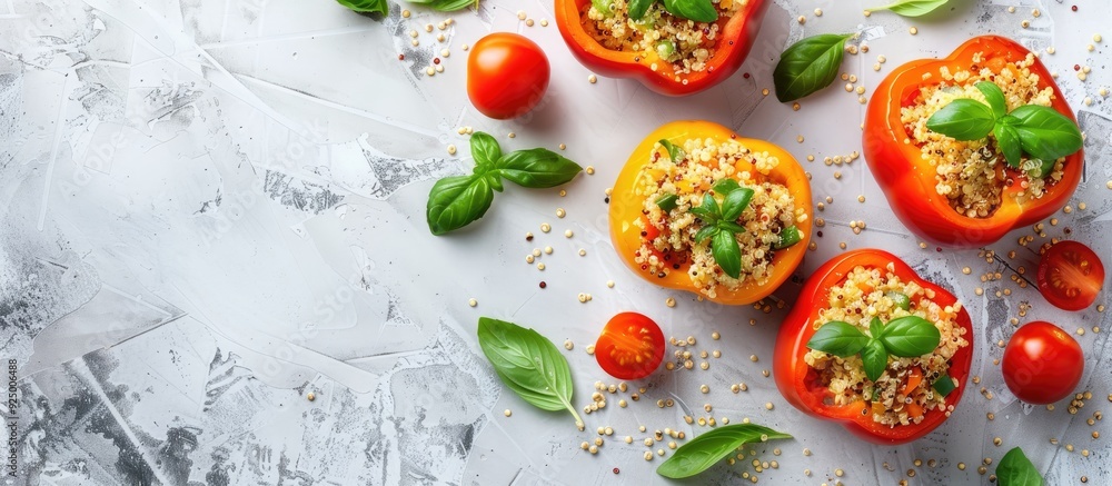 Top view of a quinoa filled bell pepper garnished with basil and tomato on a bright surface providing copy space for text Top view of a quinoa filled bell pepper garnished with basil and tomato on a bright surface providing copy space for text