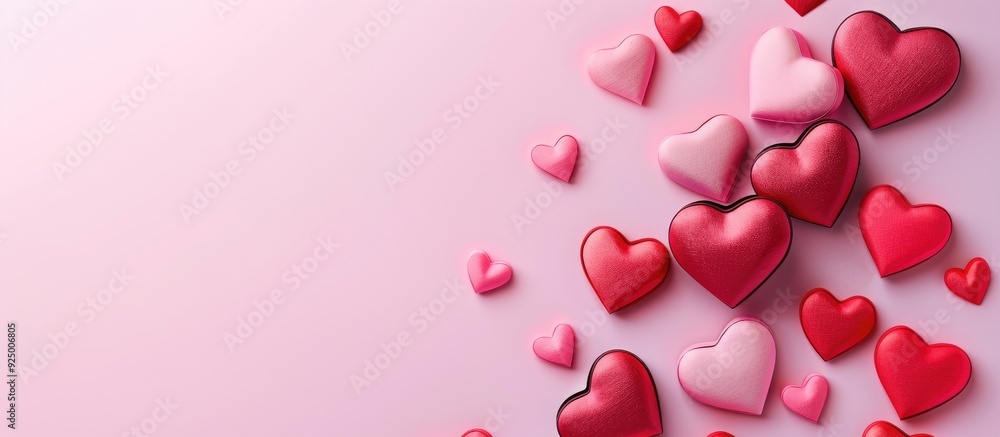 Pink and red heart cutouts of different sizes on a pink background with a central copy space image Pink and red heart cutouts of different sizes on a pink background with a central copy space image