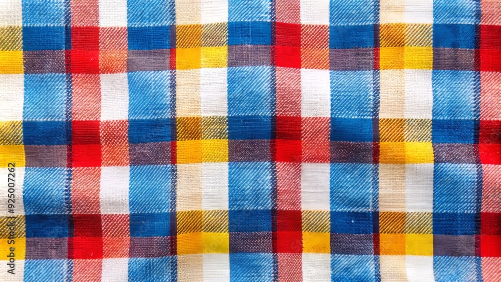 Vibrant checked fabric with red, blue, and yellow squares on a white background, soft folds and subtle texture, evoking a sense of rustic charm. Vibrant checked fabric with red, blue, and yellow squares on a white background, soft folds and subtle texture, evoking a sense of rustic charm.