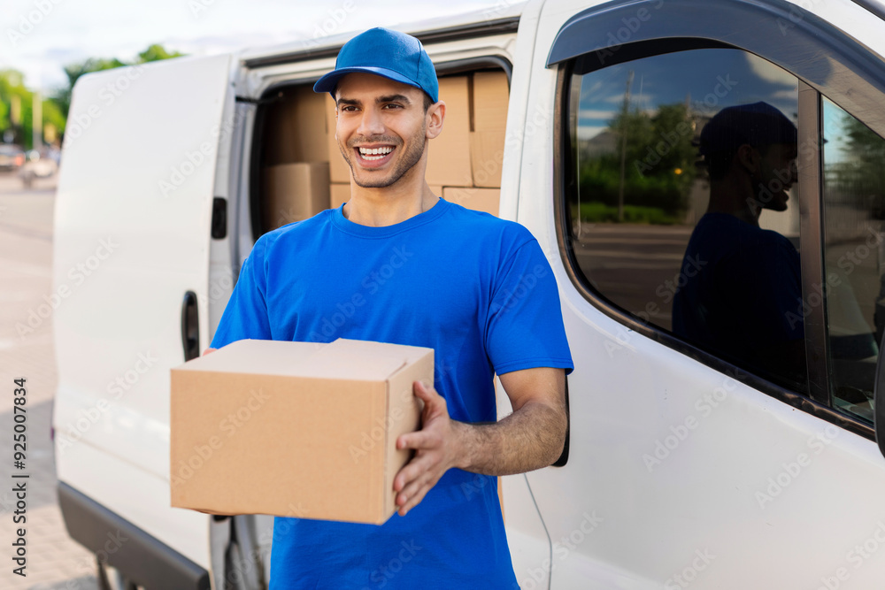 Fast delivery concept. Happy deliveryman holding carton box parcel, delivering package to customer and smiling at camera. Transportation and shipping Fast delivery concept. Happy deliveryman holding carton box parcel, delivering package to customer and smiling at camera. Transportation and shipping