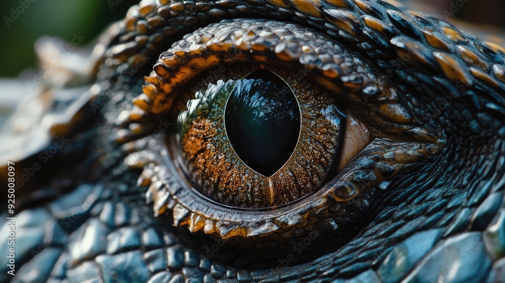 Fototapeta premium A close-up of a lizard's eye, with intricate patterns and a reflective surface, capturing the beauty and complexity of reptilian vision.