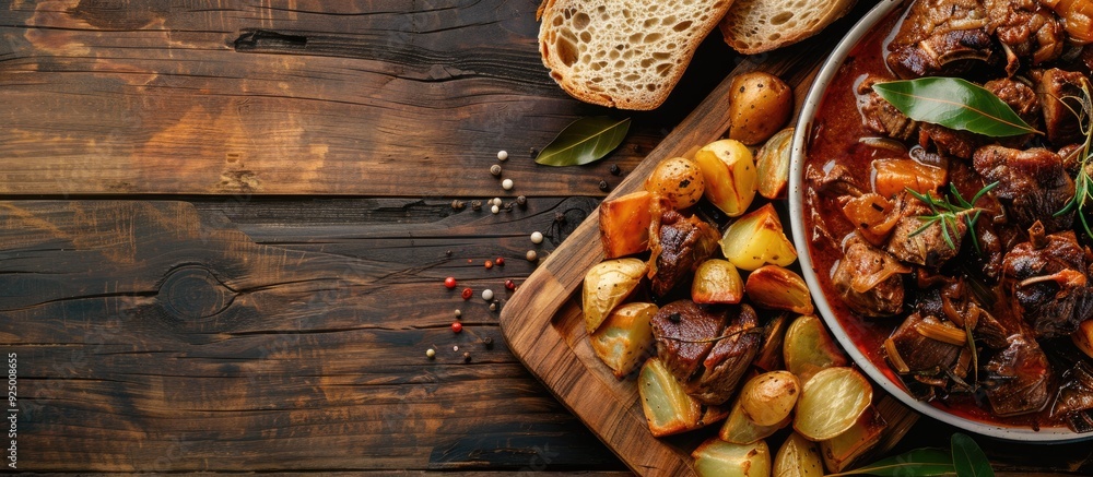 Wooden board showcasing stewed meat with bay leaf accompanied by crispy potatoes and bread with a prominent copy space image Wooden board showcasing stewed meat with bay leaf accompanied by crispy potatoes and bread with a prominent copy space image