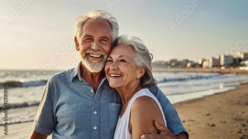 Beautiful happy senior couple dating at the seaside during summertime - Mature married couple in love bonding outdoors at the beach, concepts about elderly lifestyle, relationship and quality of life