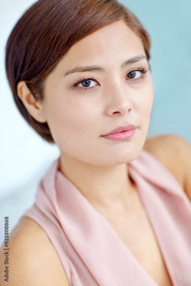 Asian woman, portrait and beauty with makeup for fashion, cosmetics or style in elegance. Closeup or face of attractive female person or young japanese model with classy pink dress or feminine outfit Asian woman, portrait and beauty with makeup for fashion, cosmetics or style in elegance. Closeup or face of attractive female person or young japanese model with classy pink dress or feminine outfit