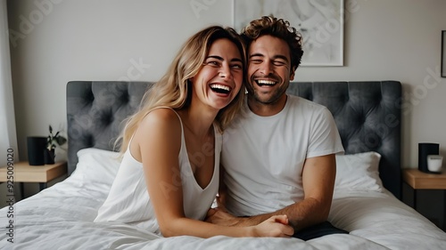 Laughing, man and woman on bed in morning for love, support and relax in apartment. Happiness, couple and together in home for date, care and comedy or joke with respect and care for weekend