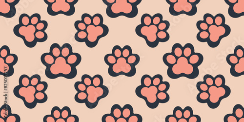 Seamless pattern of paws and cat toys. Vector illustration.