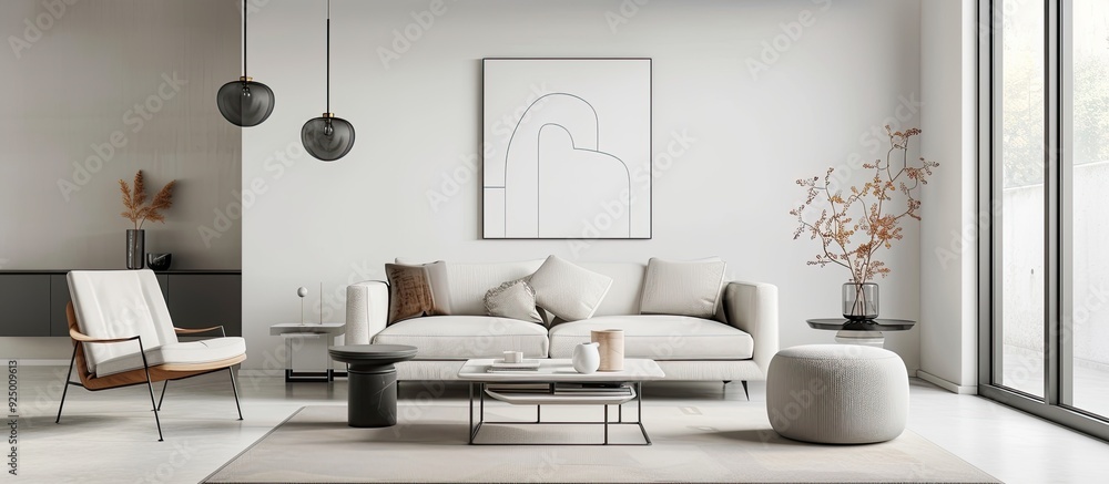Sleek Nordic living room with minimalist Scandinavian design featuring a clean white backdrop for a serene ambiance perfect for a copy space image Sleek Nordic living room with minimalist Scandinavian design featuring a clean white backdrop for a serene ambiance perfect for a copy space image