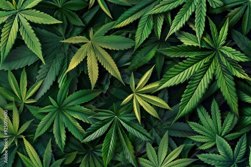 Green marijuana background with multiple cannabis leaves forming a dense foliage