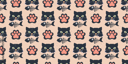 Seamless pattern of paws and cat toys. Vector illustration.