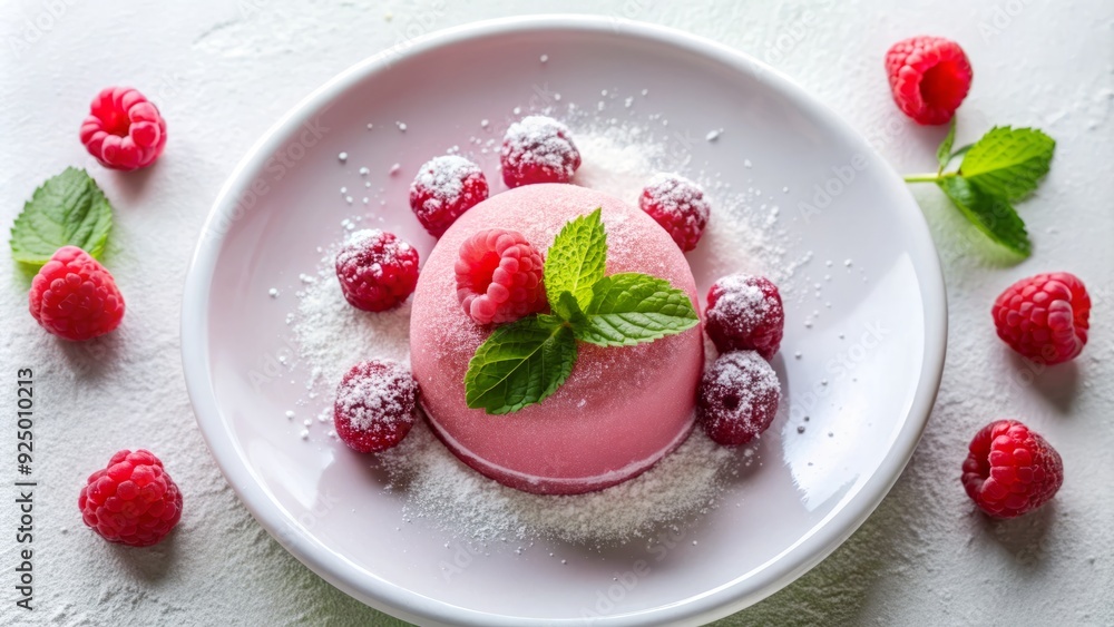 Vibrant pink dessert on a white plate, garnished with fresh raspberries and a sprinkle of sugar, viewed from directly above against a clean background. Vibrant pink dessert on a white plate, garnished with fresh raspberries and a sprinkle of sugar, viewed from directly above against a clean background.