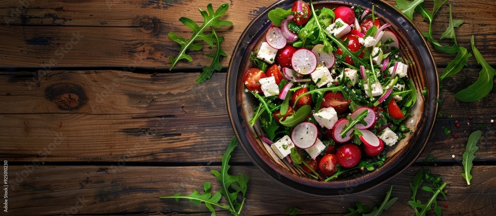 Fresh vegetable salad with radish and feta cheese on a wooden background perfect for social media with copy space image Fresh vegetable salad with radish and feta cheese on a wooden background perfect for social media with copy space image