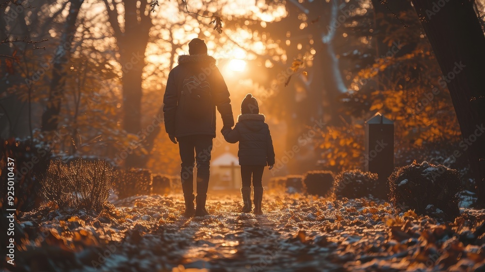 Fototapeta premium Silhouette of a Father and Daughter Walking in a Forest at Sunset