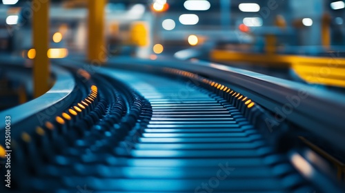 Industrial conveyor belt in a modern factory. Blurred background with bright lights and equipment. Perfect for manufacturing themes.