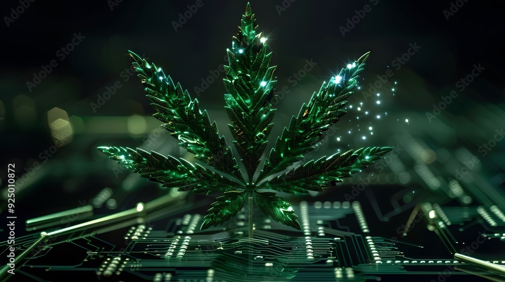 Marijuana leaves on a technology background, close up top view on cannabis leaves and branches on technology background for alternative medical and marketing design concept Marijuana leaves on a technology background, close up top view on cannabis leaves and branches on technology background for alternative medical and marketing design concept
