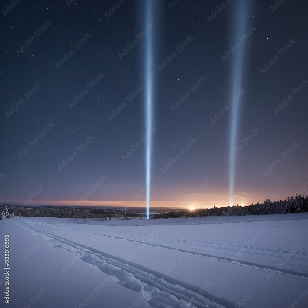 A panoramic view of light pillars in the night sky over a snowy landscape. Background A panoramic view of light pillars in the night sky over a snowy landscape. Background
