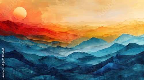 Abstract Landscape with Sun and Mountains in Blue, Orange, and Yellow Hues