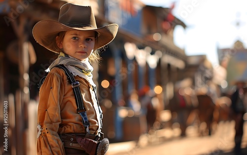 Young cowboy dressed in Western attire standing on a bustling old-fashioned street. Nostalgic scene with vintage feel, perfect for themed projects.