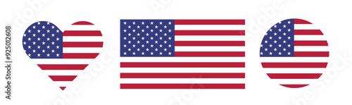 USA flag. American flag in a heart and in a circle shapes. Flat vector illustration isolated on white background