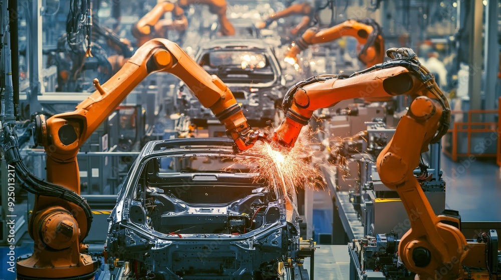 Industrial robotics welding car frames in high-tech, automated assembly line, showcasing modern manufacturing technology. Industrial robotics welding car frames in high-tech, automated assembly line, showcasing modern manufacturing technology.
