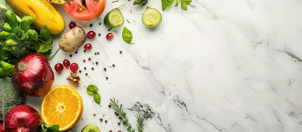 Copy space image of various fresh vegetables fruits and herbs on a white marble table ideal plant based protein source for vegetarians Copy space image of various fresh vegetables fruits and herbs on a white marble table ideal plant based protein source for vegetarians