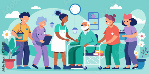 Care for the elderly. Nurses help and care for the health of older men and women in a nursing home or hospital. Vector illustration
