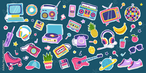 90s retro elements set. Concept of 90s. Stickers. Y2K, 2000s, 80s retro elements set.