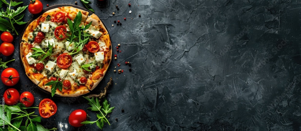 Image of fetapasta with baked feta, cherry tomatoes, and herbs on a dark surface from above with space for text. image with copy space Image of fetapasta with baked feta, cherry tomatoes, and herbs on a dark surface from above with space for text. image with copy space