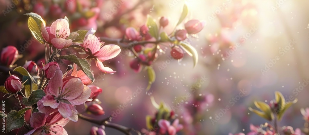 A spring day features pink flowers blooming on apple tree branches creating a serene scene with a copy space image A spring day features pink flowers blooming on apple tree branches creating a serene scene with a copy space image