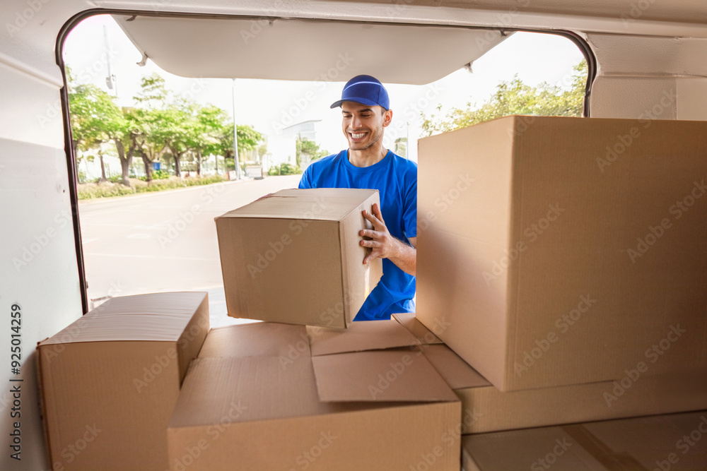 Courier man taking out cardboard box from opened van full of parcels to give postal to customer, view from inside of car Courier man taking out cardboard box from opened van full of parcels to give postal to customer, view from inside of car